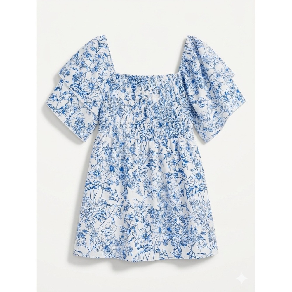 Cottagecore Blue Floral Smocked Bodice Top Square Neck Flutter Sleeve Womens M